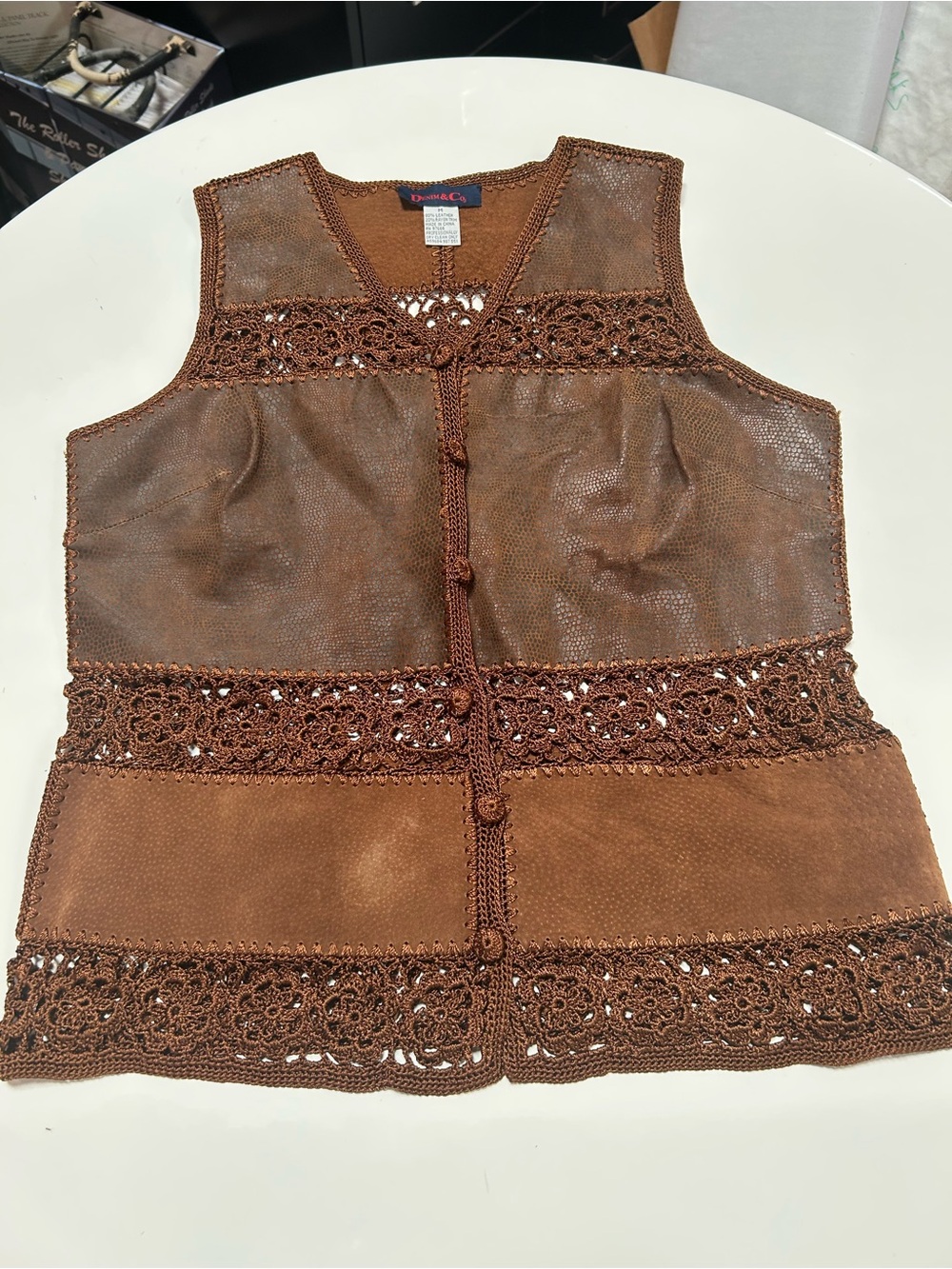 Denim&Co Crochet & Leather Panel Vest size Medium boho Chic festival western